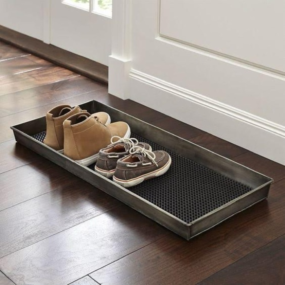 Crate & Barrel zinc boot tray with liner